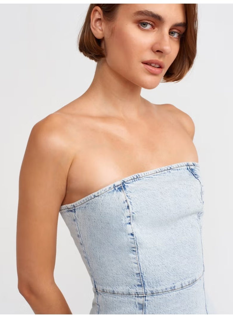 Dilvin 90527 Snow Wash Mini Denim Dress-Blue - Image 2